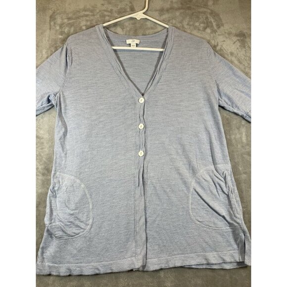 J Jill Linen Blend Cardigan Size Small Light Blue Knit Short Sleeve pockets - Picture 3 of 8